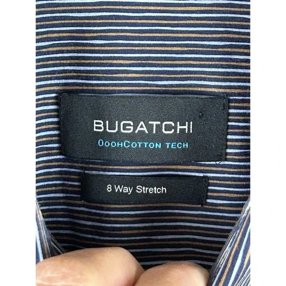 BUGATCHI Ooocotton Tech 8 Way Stretch Long Sleeve Shirt Large‎ Blue Brown Stripe - Picture 11 of 16